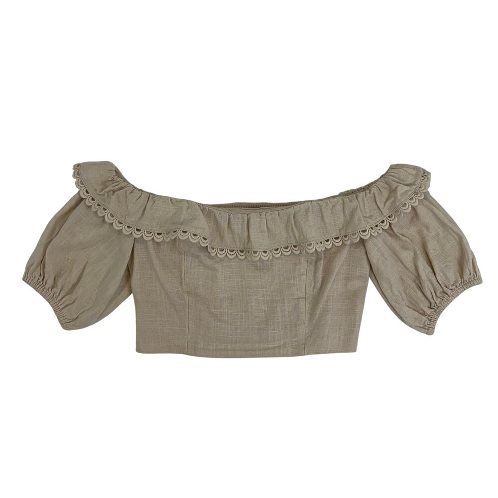 Express women's Cropped Short Sleeve off the Shoulder with Scallop Detail Top